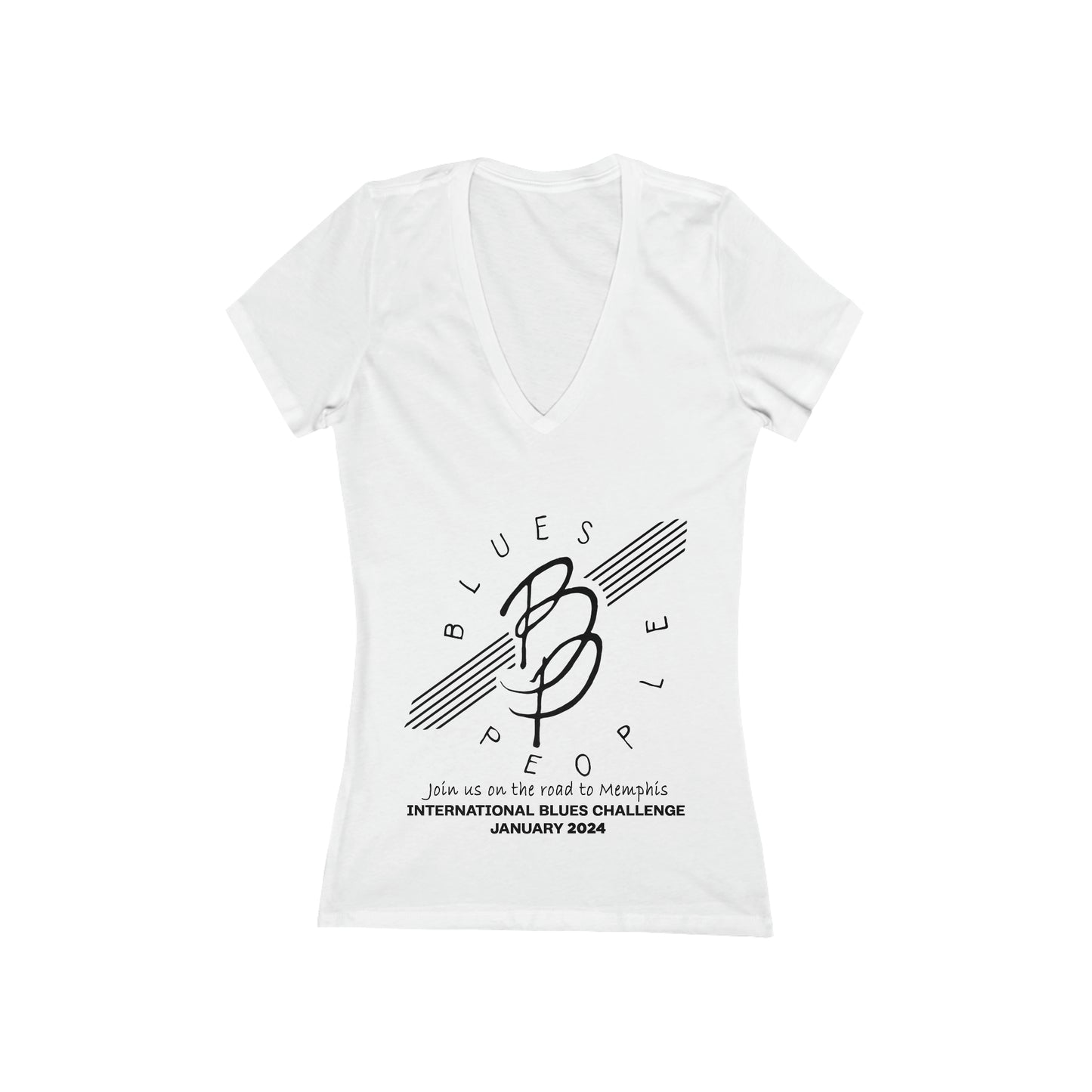 Ladies Jersey Short Sleeve Deep V-Neck T- Shirt - Black Logo - Journey to Memphis