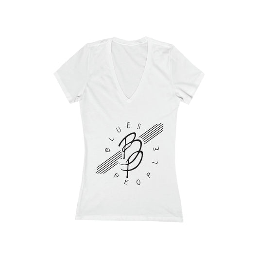 Ladies Jersey Short Sleeve Deep V-Neck T- Shirt - Black Logo