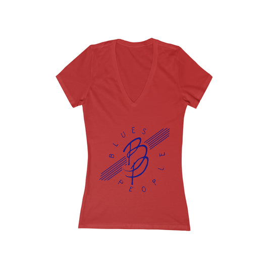 Ladies Jersey Short Sleeve Deep V-Neck T- Shirt - Blue Logo